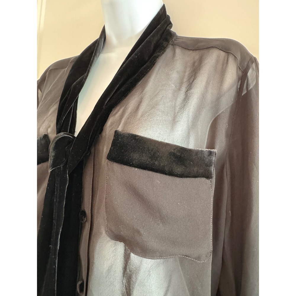 Frame Velvet Trim Modern Tie Blouse Black Sheer Silk Chiffon Small‎ - Picture 7 of 11